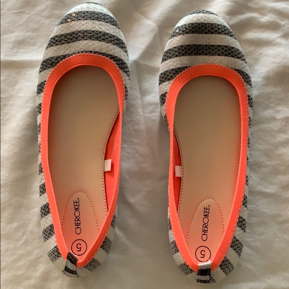 Cherokee Striped Sequined Flats with Neon Coral Trim